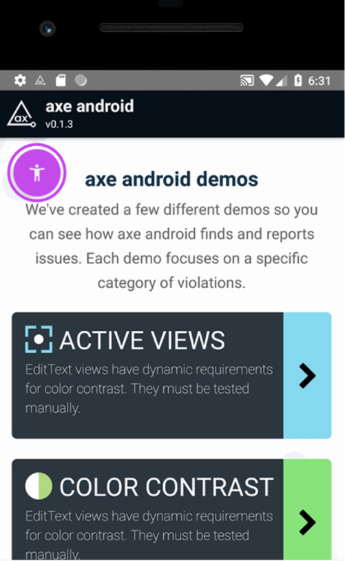 Mobile screen showing the AXE for Android app.