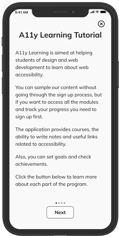Mockup showing page 1 of the tutorial with general information about the app.