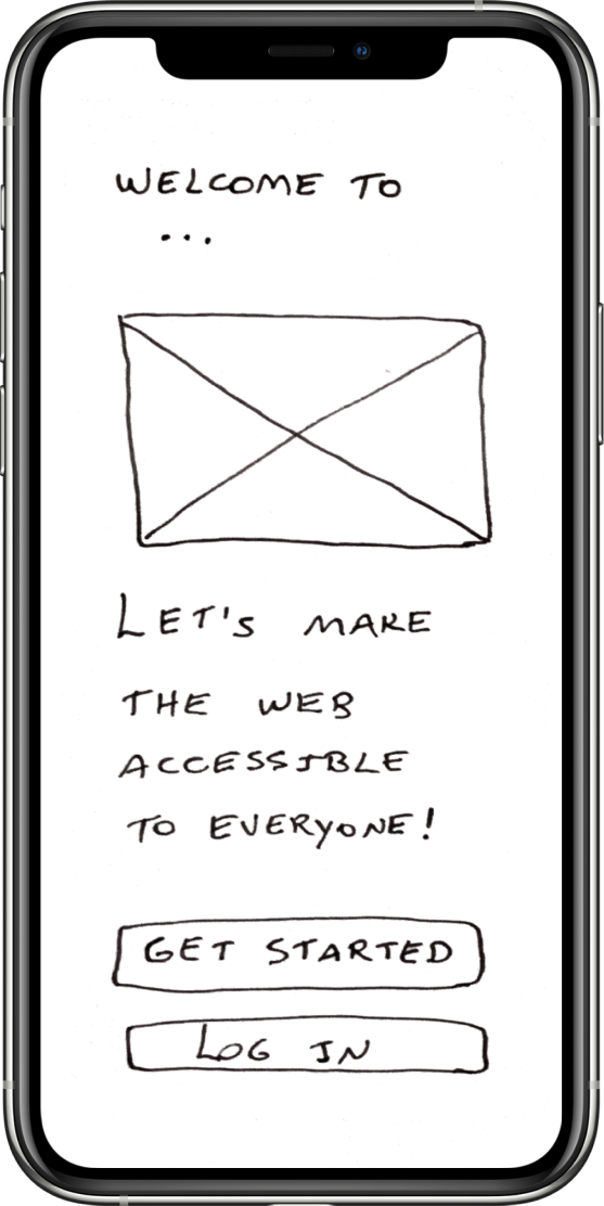 A mobile phone is showing a sketch of the landing page.