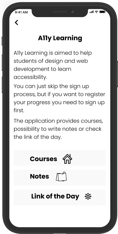 Wireframe showing page 1 of the tutorial with general information about the app.