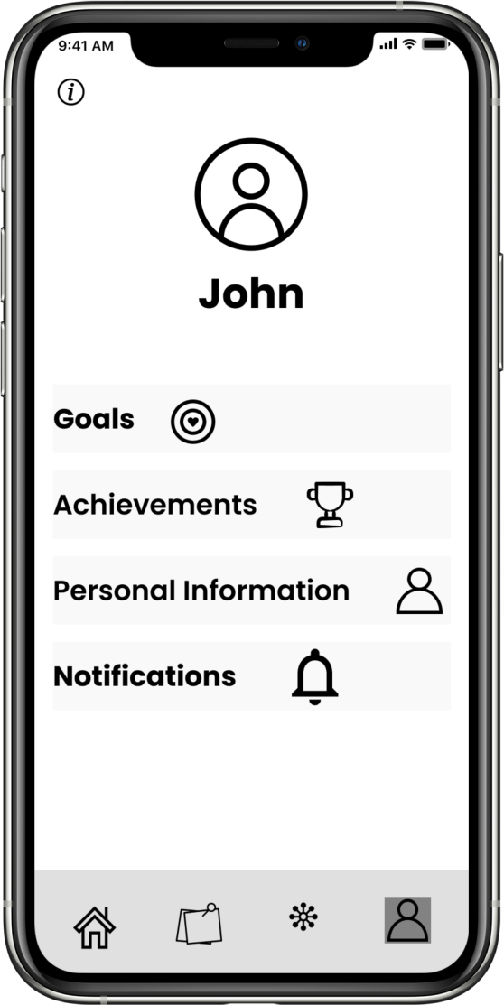 A mobile phone is showing a wireframe of the profile page.