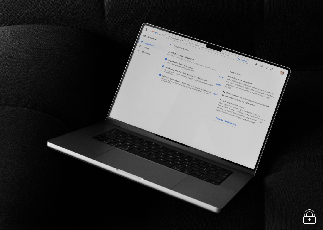 Laptop displaying the Google Cloud interface with appliance setup options. Click to view the case study on enhancing the experience for appliance setup and data transfer.