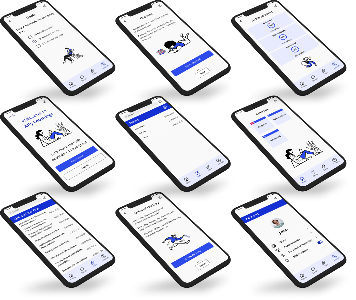 Many mobile screens are showing the a11y learning application.