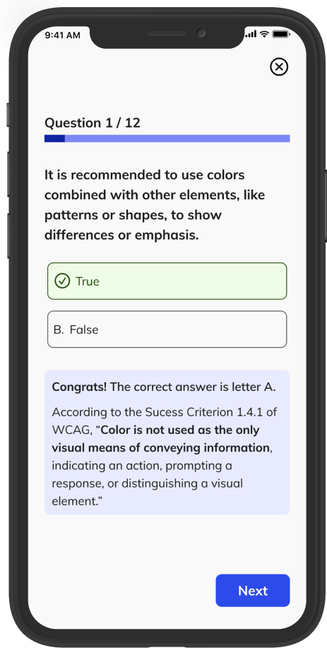 A mobile phone shows the final version of a right answer example.