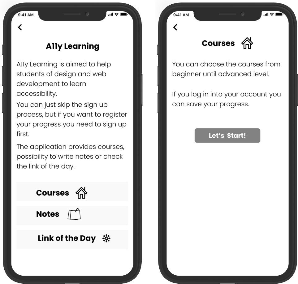 Wireframes are showing pages 1 and 2 of the tutorial.